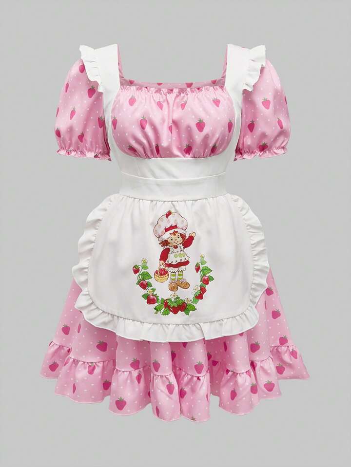 Plus Size Cute Strawberry Print Ruffle Hem Dress