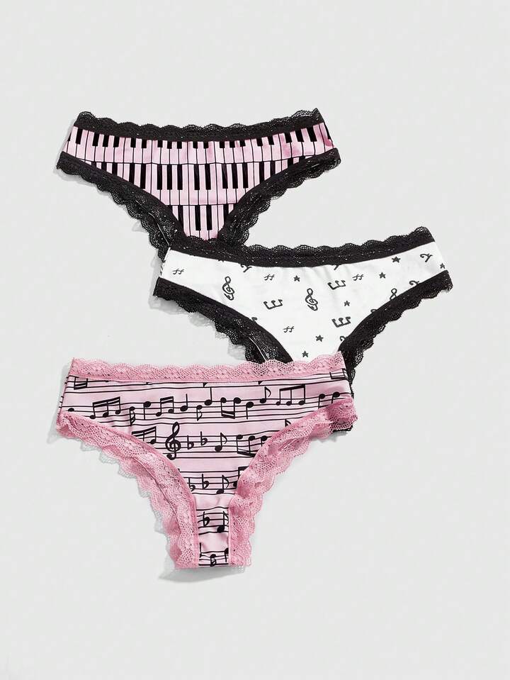 J-Fashion 3pcs Women's Underwire, Musical Note & Letter Lace Panty Set