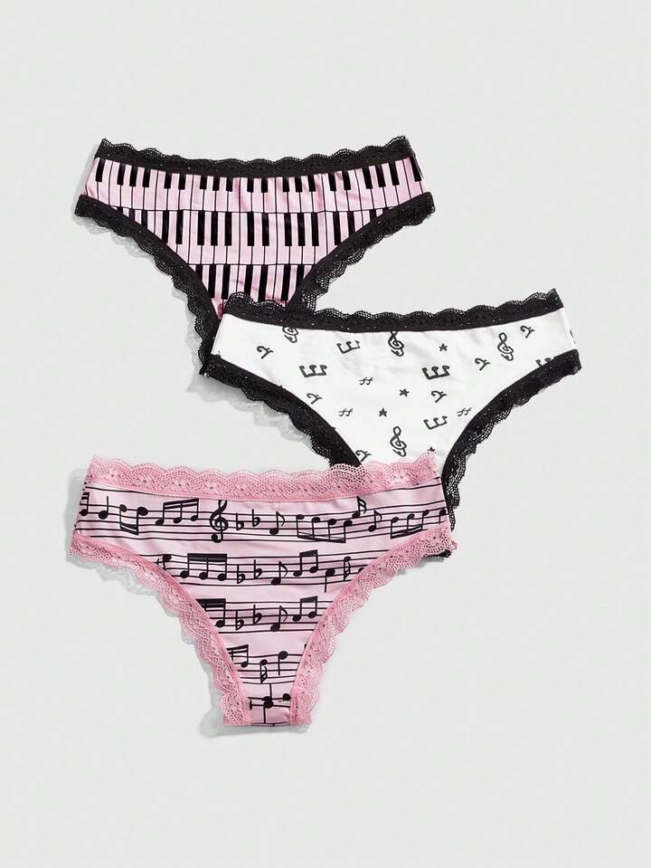J-Fashion 3pcs Women's Underwire, Musical Note & Letter Lace Panty Set