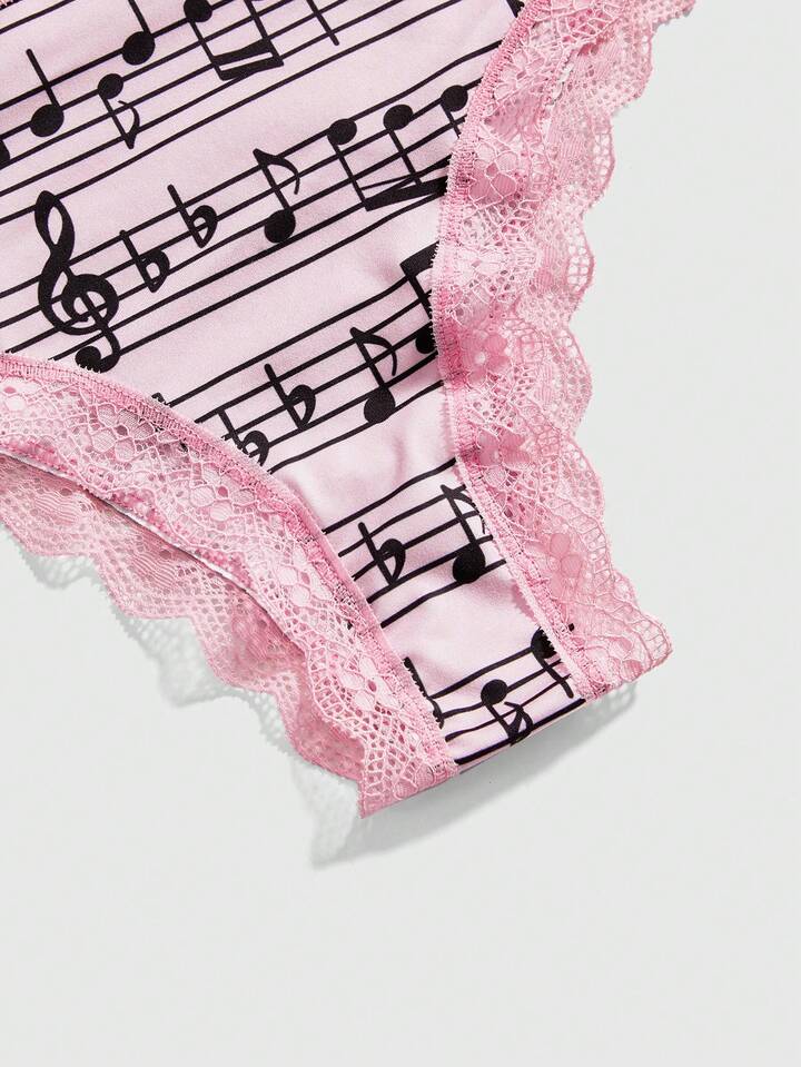 J-Fashion 3pcs Women's Underwire, Musical Note & Letter Lace Panty Set