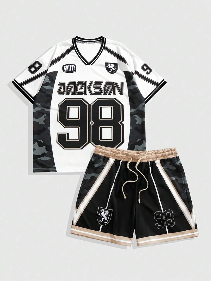Prep Men's Jersey Camouflage Patchwork T-Shirt And Shorts Set, Casual Summer Outfit