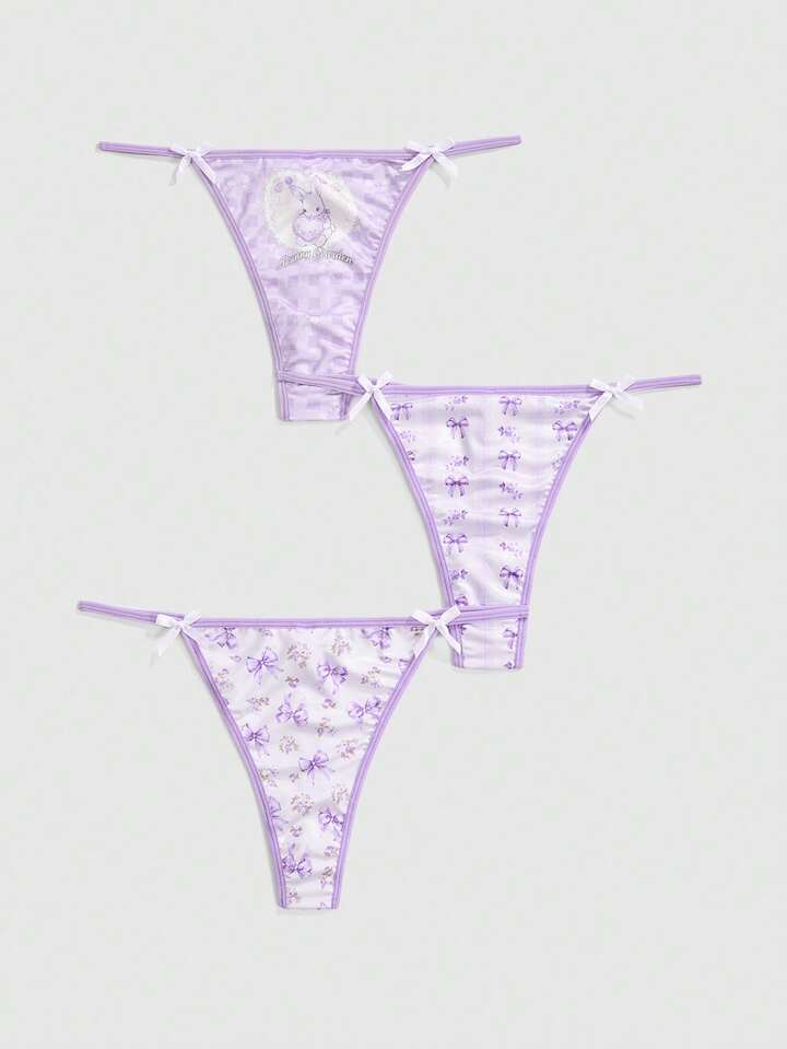 3pcs/Set Kawaii Butterfly, Floral, Rabbit & Cherry Print Bow Decor Women's Thong Panties