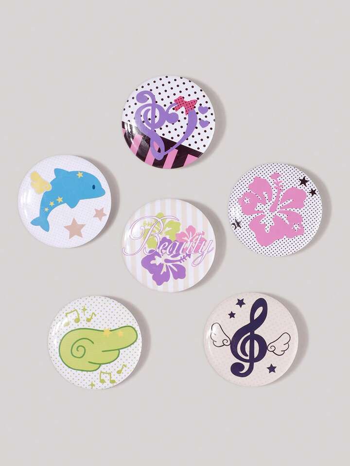 Kawaii 6pcs Anime Badges With Flower, Wings, Music Notes, Polka Dots, And Stars Design