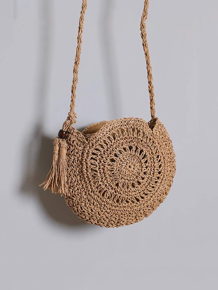 Yogodlns Minimalist Tassel Decor Straw Bag Tassel Decor Straw Bag, Hollow Out Design Crossbody Bag, Women's Woven Circle Beach Bag, Wicker Bag