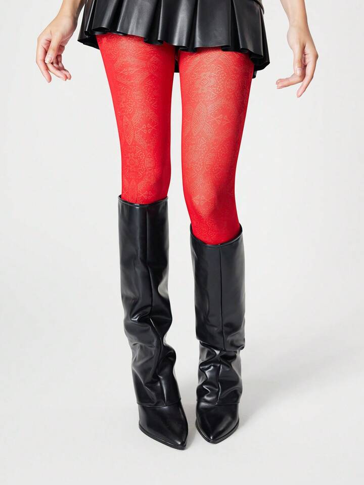 Grunge Punk 1 Pair Women Vintage Jacquard Totem Pattern Hollow Anti-Snagging Pantyhose, All-Season