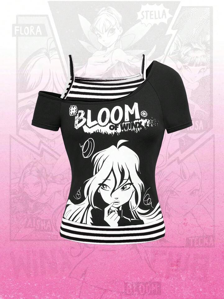 Winx Club X ROMWE Women's Faux Two-Piece Striped Portrait Pattern Asymmetric Shoulder Fitted T-Shirt