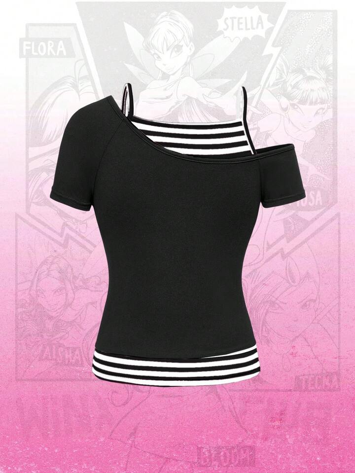 Winx Club X ROMWE Women's Faux Two-Piece Striped Portrait Pattern Asymmetric Shoulder Fitted T-Shirt
