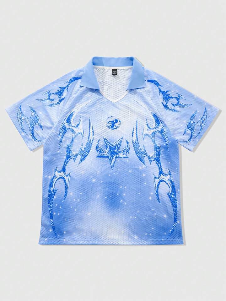 Prep Men's Polo Shirt With American Street Design Pattern And English Print, Designed As Boston Team's Light Blue Short Sleeve Sports Jersey