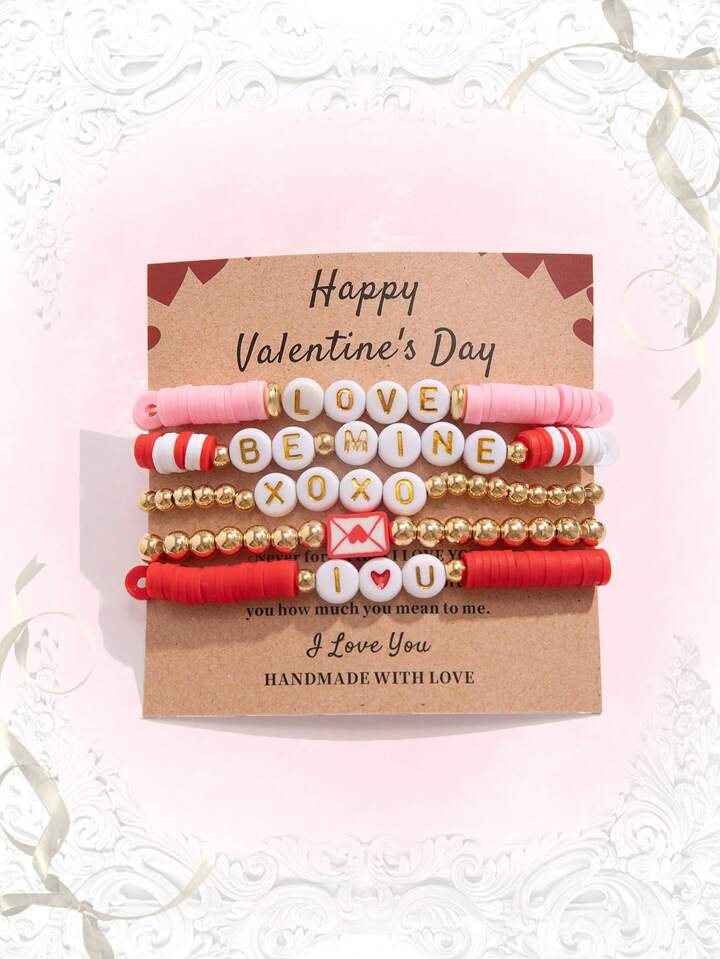 Kawaii 5pcs Sweet & Cute Letter Beaded Soft Clay Bracelet Set, Suitable For Daily Wear, Best Gift For Friends And Lovers On Valentine's Day
