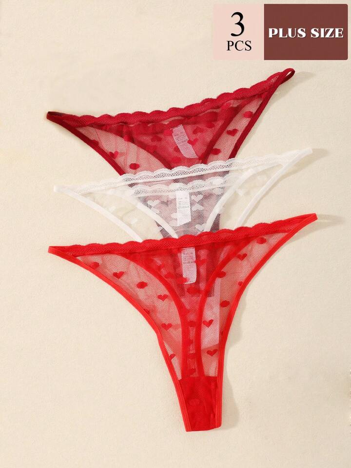Kawaii 3pcs Women Sexy Solid Color Cute-Sweet Romantic-French Mature Charm-Elegant Knitted Mesh Lace Panel Panties Triangle T-String, Spring/Summer/Autumn, For Valentine's Day