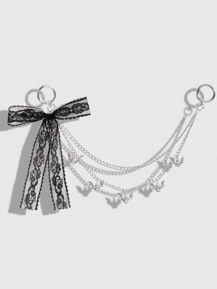 Kawaii 1pc Vintage Y2K Goth Fashion Dark Style Silver Hollow Multilayer Chain Bat Pendant With Black Lace Bow Decor, DIY Keychain/Bag Charm, Suitable For Women As Daily Wear Or Gift For Holiday, Halloween