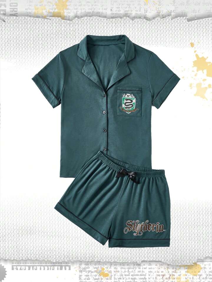 Harry Potter | ROMWE Letter Graphic Contrast Piping PJ Set, School