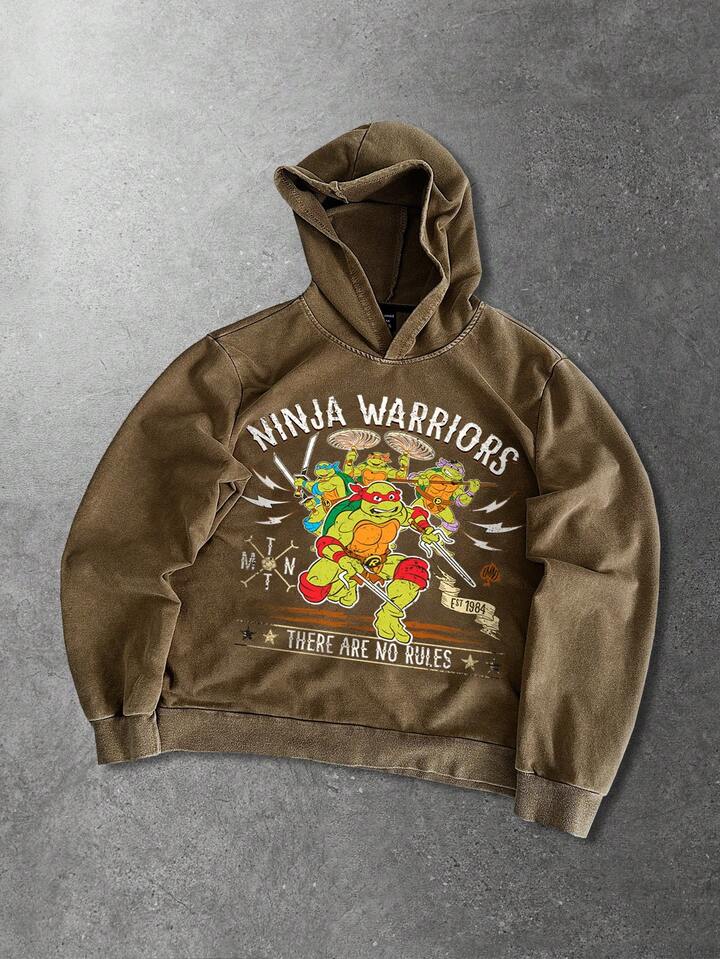 TEENAGE MUTANT NINJA TURTLES X ROMWE Men's Turtle & Letter Graphic Fleece Hoodie, Autumn