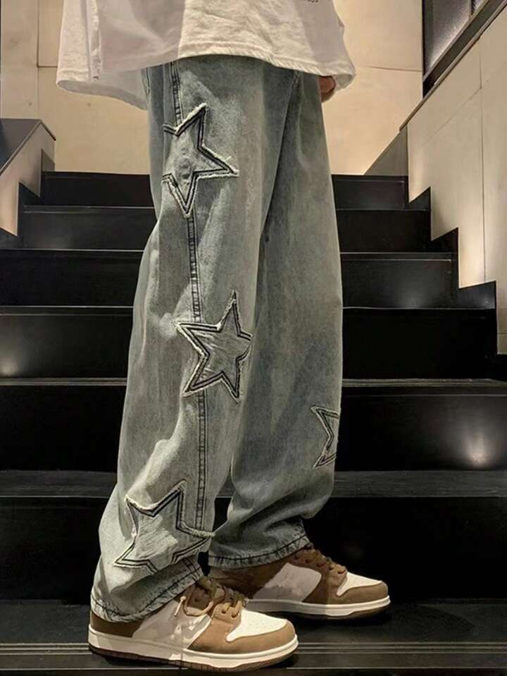 Anime Men's Casual Baggy Jeans With Star-Shaped Patches, School