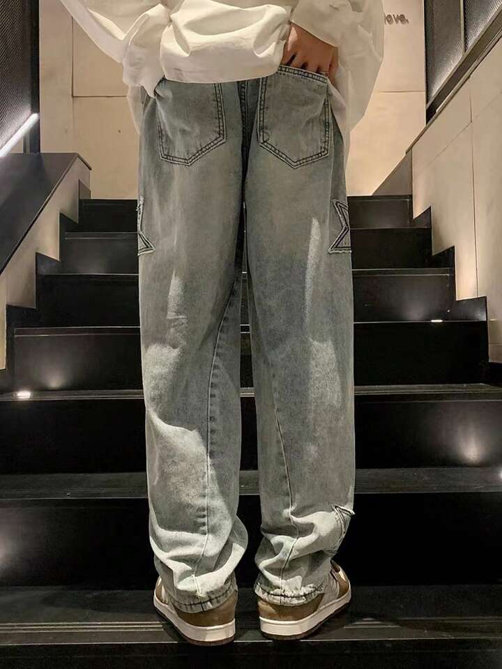 Anime Men's Casual Baggy Jeans With Star-Shaped Patches, School