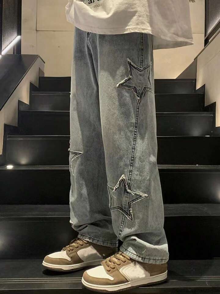 Anime Men's Casual Baggy Jeans With Star-Shaped Patches, School