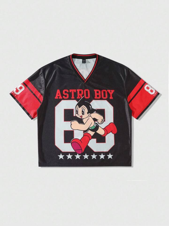 Astro Boy X ROMWE Men's Fashionable Street Sporty Cartoon & Letter Graphic V-Neck Contrast Color Short Sleeve T-Shirt, Summer