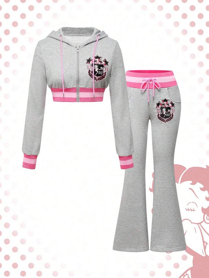 Betty Boop | ROMWE 2pcs Women's Sporty Sexy Embroidery & Rhinestone Sweatshirt And Flare Pants Set