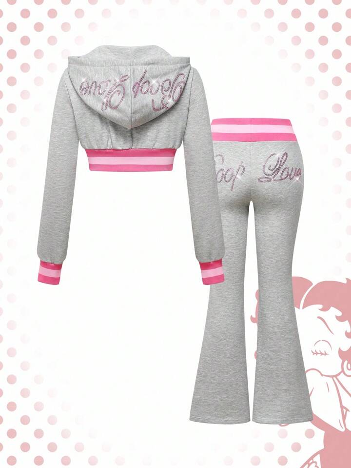Betty Boop | ROMWE 2pcs Women's Sporty Sexy Embroidery & Rhinestone Sweatshirt And Flare Pants Set 2 Betty Boop | ROMWE 2pcs Women's Sporty Sexy Embroidery & Rhinestone Sweatshirt And Flare Pants Set