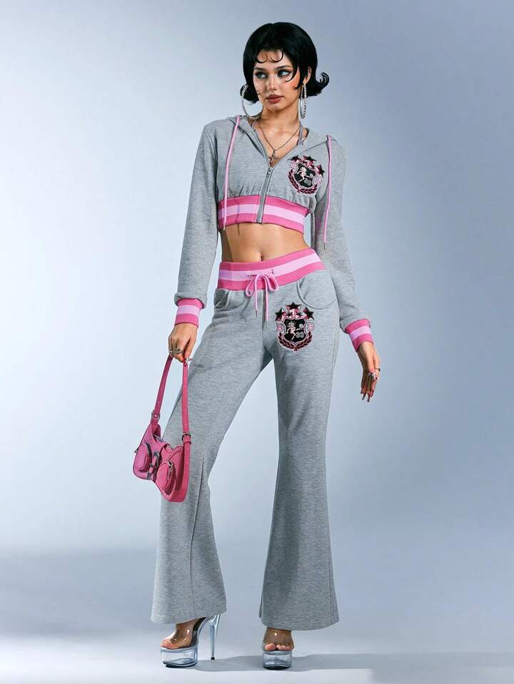 Betty Boop | ROMWE 2pcs Women's Sporty Sexy Embroidery & Rhinestone Sweatshirt And Flare Pants Set 3 Betty Boop | ROMWE 2pcs Women's Sporty Sexy Embroidery & Rhinestone Sweatshirt And Flare Pants Set