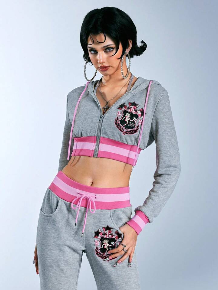 Betty Boop | ROMWE 2pcs Women's Sporty Sexy Embroidery & Rhinestone Sweatshirt And Flare Pants Set 7 Betty Boop | ROMWE 2pcs Women's Sporty Sexy Embroidery & Rhinestone Sweatshirt And Flare Pants Set