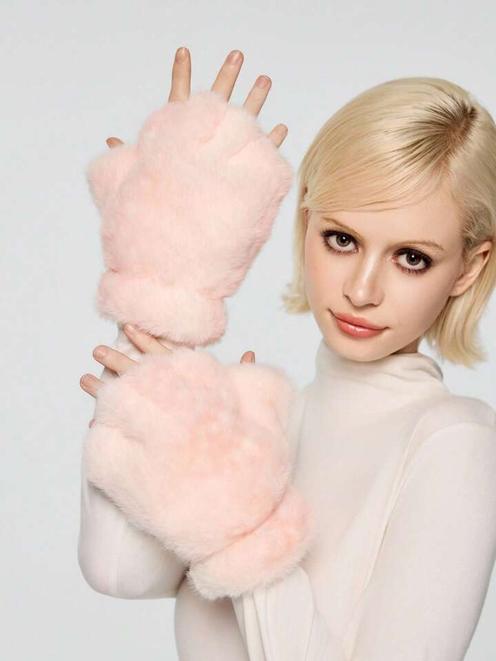 Grunge Punk 1 Pair Of Pink Deer Plush Gloves, Cute Autumn And Winter Warm And Comfortable Cat Paw Shape Finger Gloves, High-Quality Thickened And Velvet Imitation Fur Finger Gloves