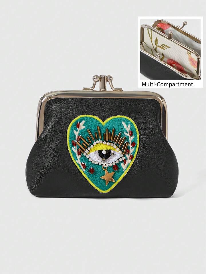 1pc Gothic Style Blue Eye & Red Heart Beaded Pu Leather Short Wallet For Women