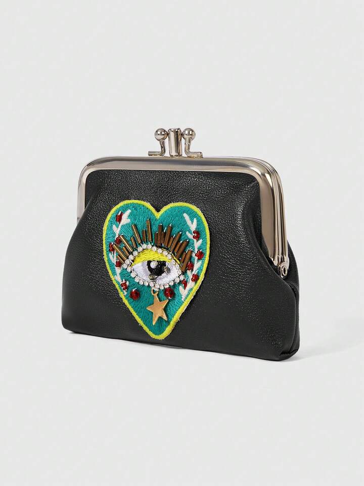 1pc Gothic Style Blue Eye & Red Heart Beaded Pu Leather Short Wallet For Women