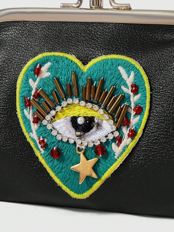 1pc Gothic Style Blue Eye & Red Heart Beaded Pu Leather Short Wallet For Women