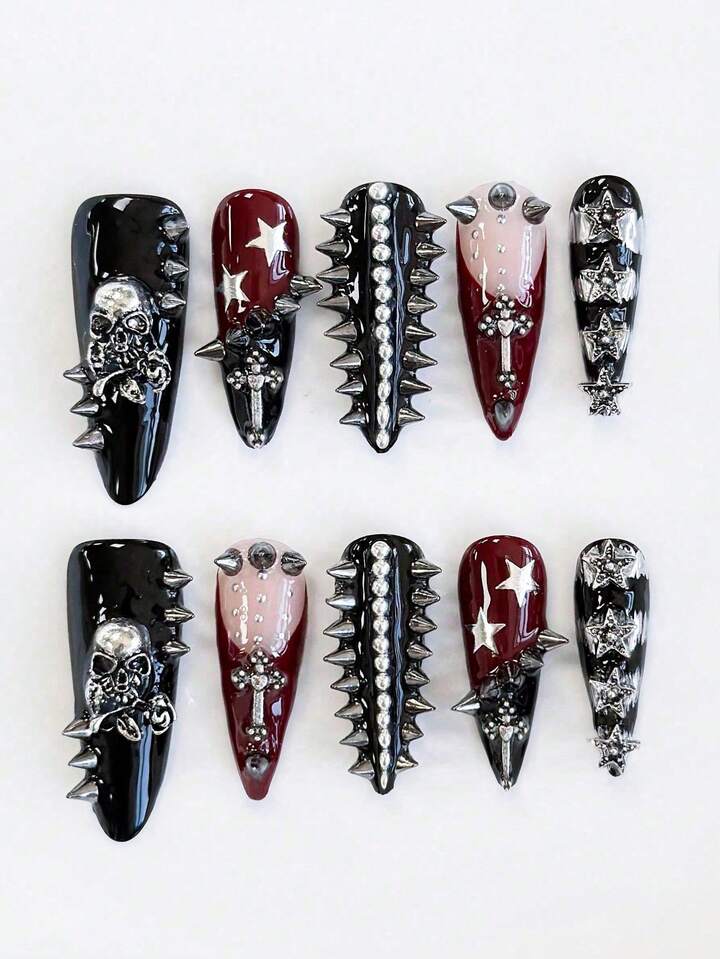 Goth 10 Pieces Of Punk Style Rivet Manicure + 3 Pieces Of Manicure Double-Sided Tape, Y2K High-Quality Handmade Manicure, Retro Metal Skull Star Element Long Almond-Shaped Wearing Armor, Suitable For All Seasons, Suitable For Daily, Party And Dance Occasions.