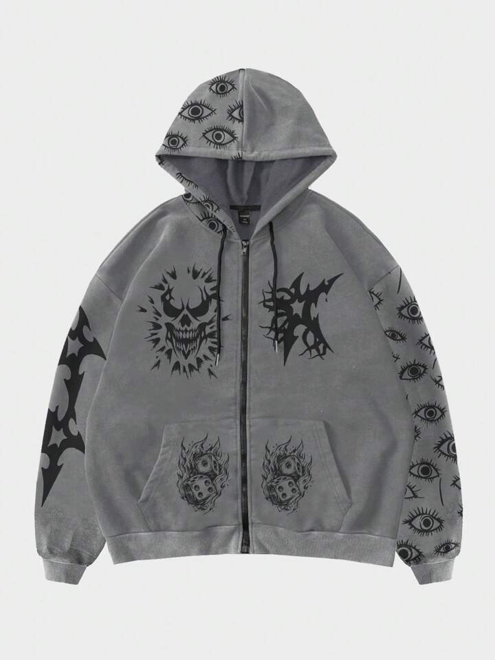 Street Life Men's Washed Eye Print Loose Zip Up Short Hooded Sweatshirt