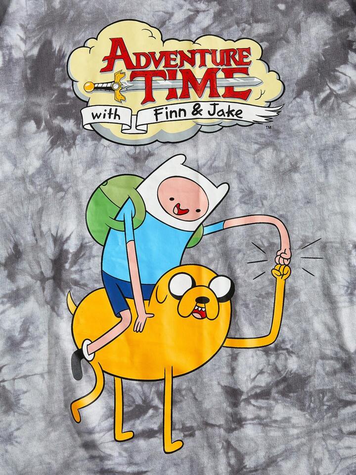 Adventure Time X ROMWE Men's Street Tie-Dye Cartoon & Letter Graphic Loose Drop Shoulder Short T-Shirt 2 Adventure Time X ROMWE Men's Street Tie-Dye Cartoon & Letter Graphic Loose Drop Shoulder Short T-Shirt