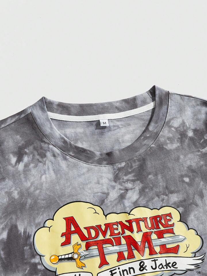 Adventure Time X ROMWE Men's Street Tie-Dye Cartoon & Letter Graphic Loose Drop Shoulder Short T-Shirt 4 Adventure Time X ROMWE Men's Street Tie-Dye Cartoon & Letter Graphic Loose Drop Shoulder Short T-Shirt