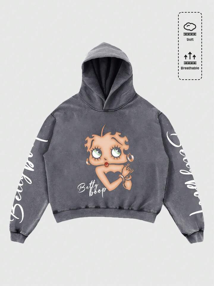 Betty Boop | ROMWE Men's Figure Graphic Washed Hoodie, Loose Cropped Fit, Long Sleeve Top