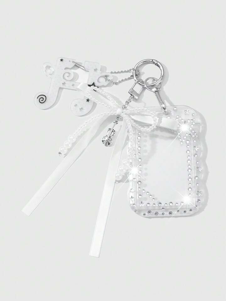 Kawaii 1pc Y2K Minimalist High-End Gothic Style Handmade Beaded Silver CCB Ribbon Bow Heart Woven Rope Black Acrylic Campus Card/ID Badge Holder DIY Keychain Bag Charm, Suitable For Office Workers, Students, Daily Wear, Holiday Gift, Halloween
