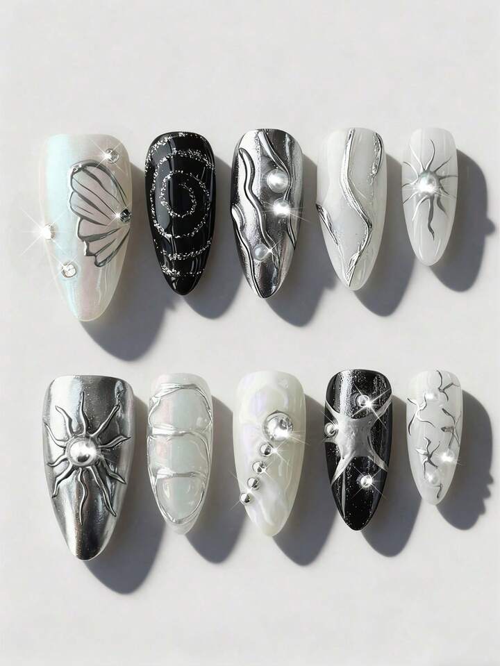 Goth 10 Punk Style Sun Butterfly Element Handmade Fake Nail Pads + 3 Double-Sided Tape, Y2K Hand-Painted Coil Removable Medium Almond-Shaped Wearing Armor, High-Quality Diamond Glitter Fake Nail Pads, Suitable For Holiday Parties, Dances And Daily Wear.