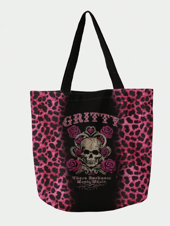 Double-Sided Skull Print Canvas Tote Bag, Tote Bags For Women, College Essentials, Halloween Purse Perfect For Fancy Party Halloween Fashion & Gothic Fashion, Best Halloween Gifts For Women, Perfectly Matching With Halloween Costumes Women