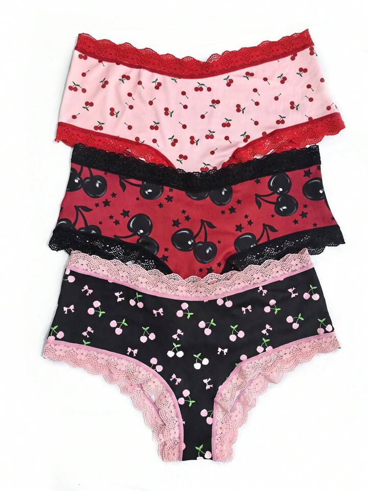 Kawaii 3pcs/Set Cherry Print Colorful Lace Patchwork Women's Fresh Style Briefs, For Valentine's Day