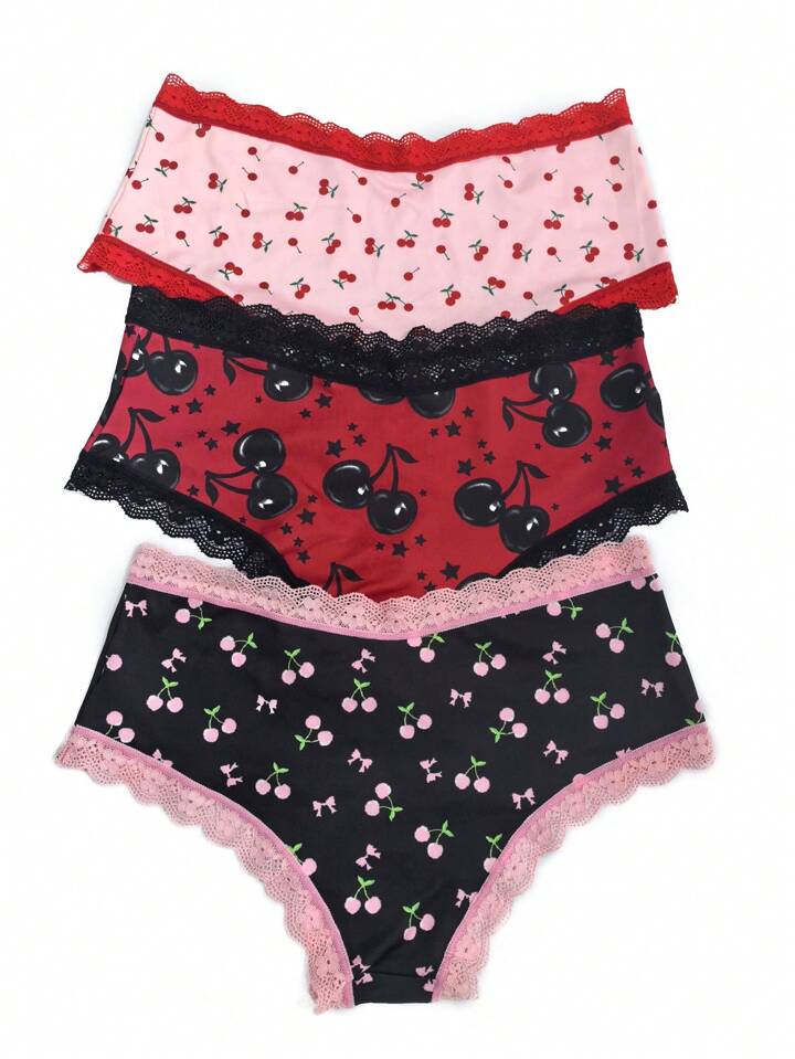 Kawaii 3pcs/Set Cherry Print Colorful Lace Patchwork Women's Fresh Style Briefs, For Valentine's Day 2 Kawaii 3pcs/Set Cherry Print Colorful Lace Patchwork Women's Fresh Style Briefs, For Valentine's Day