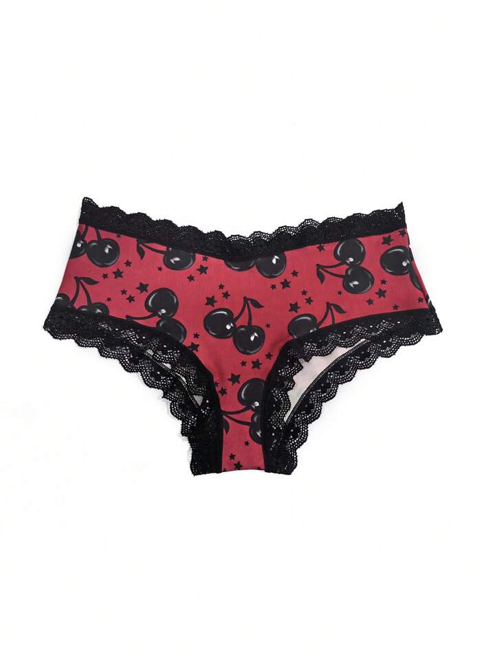 Kawaii 3pcs/Set Cherry Print Colorful Lace Patchwork Women's Fresh Style Briefs, For Valentine's Day 3 Kawaii 3pcs/Set Cherry Print Colorful Lace Patchwork Women's Fresh Style Briefs, For Valentine's Day