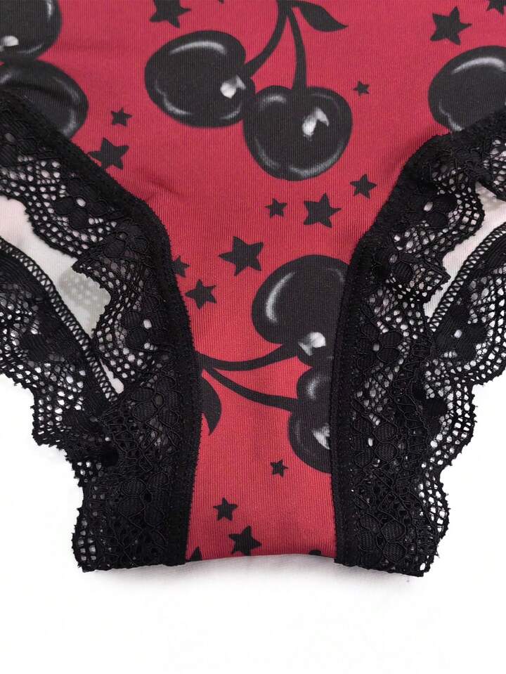 Kawaii 3pcs/Set Cherry Print Colorful Lace Patchwork Women's Fresh Style Briefs, For Valentine's Day 4 Kawaii 3pcs/Set Cherry Print Colorful Lace Patchwork Women's Fresh Style Briefs, For Valentine's Day