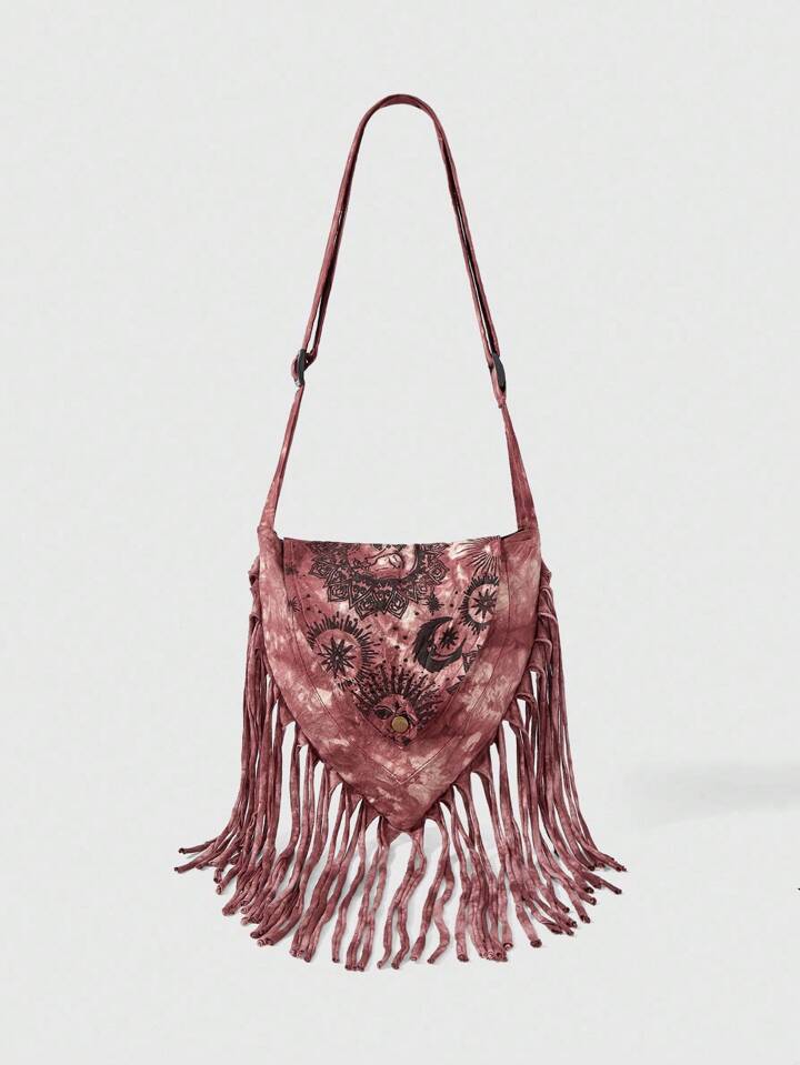 Fairycore Hippie Apocalypse Style Sun & Moon Print Tassel Crossbody Bag, Music Festival Hobo Bag, Handmade Random Pattern & Dye, Personalized Street Fashion