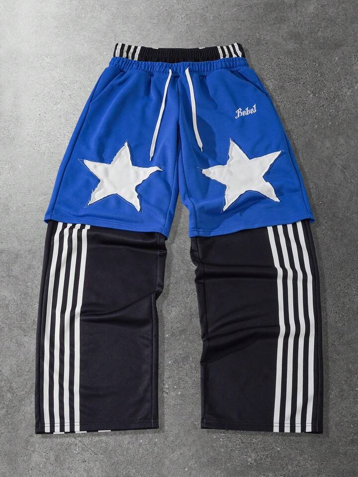 Prep Men's Contrast Color Elastic Waist Loose Straight Casual Star Street Style Sweatpants