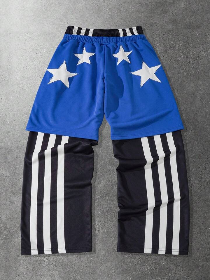 Prep Men's Contrast Color Elastic Waist Loose Straight Casual Star Street Style Sweatpants