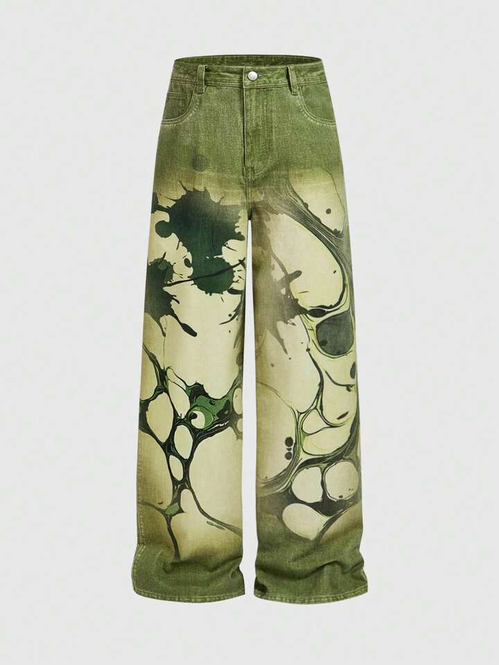 Anime Men's Splatter Paint Pocket Loose Casual Straight Leg Jeans