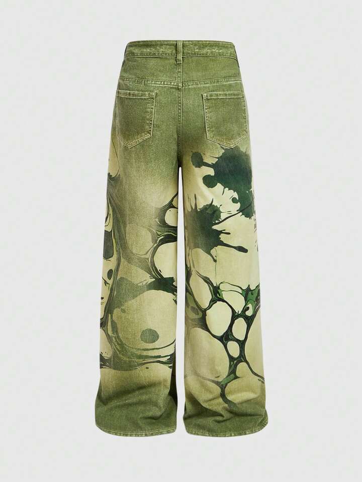 Anime Men's Splatter Paint Pocket Loose Casual Straight Leg Jeans