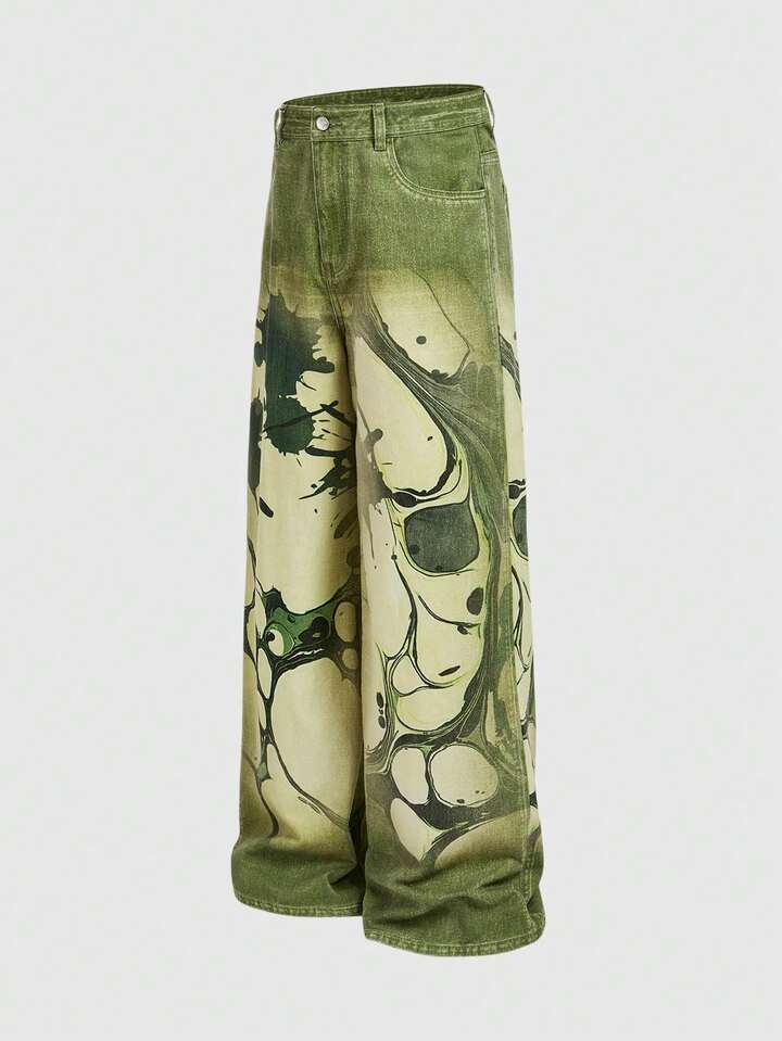 Anime Men's Splatter Paint Pocket Loose Casual Straight Leg Jeans