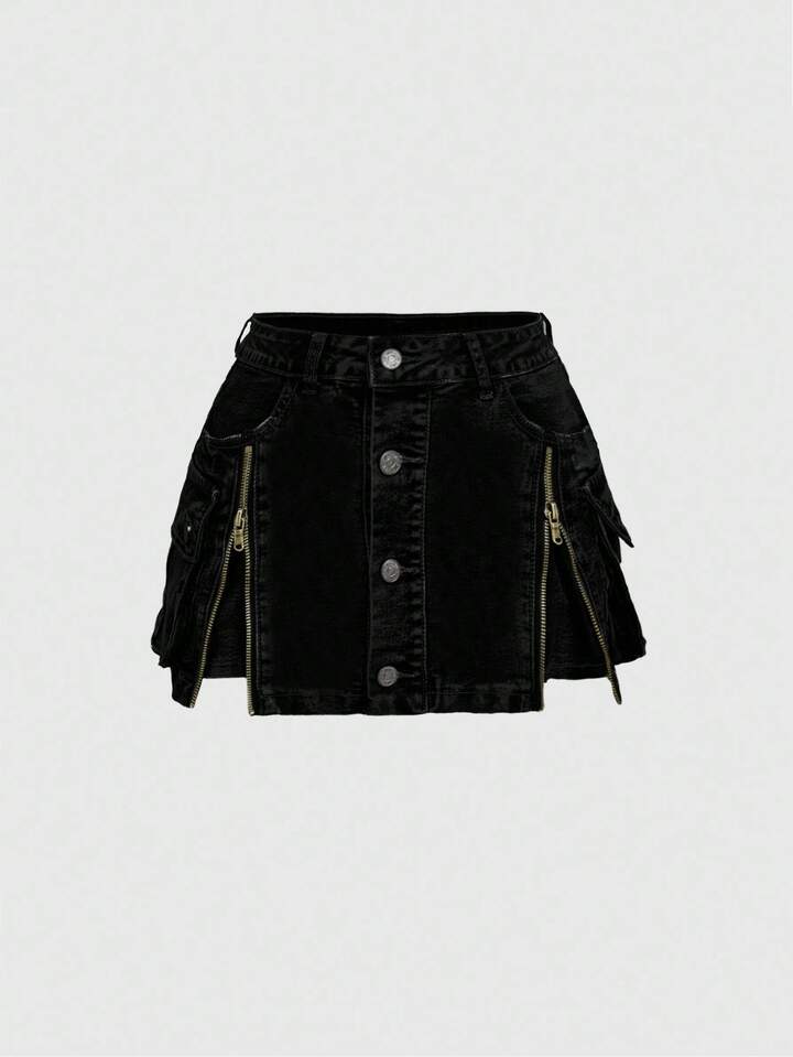 Kawaii Y2K Vintage Washed Zip-Up Low-Waist Mini Denim Skirt