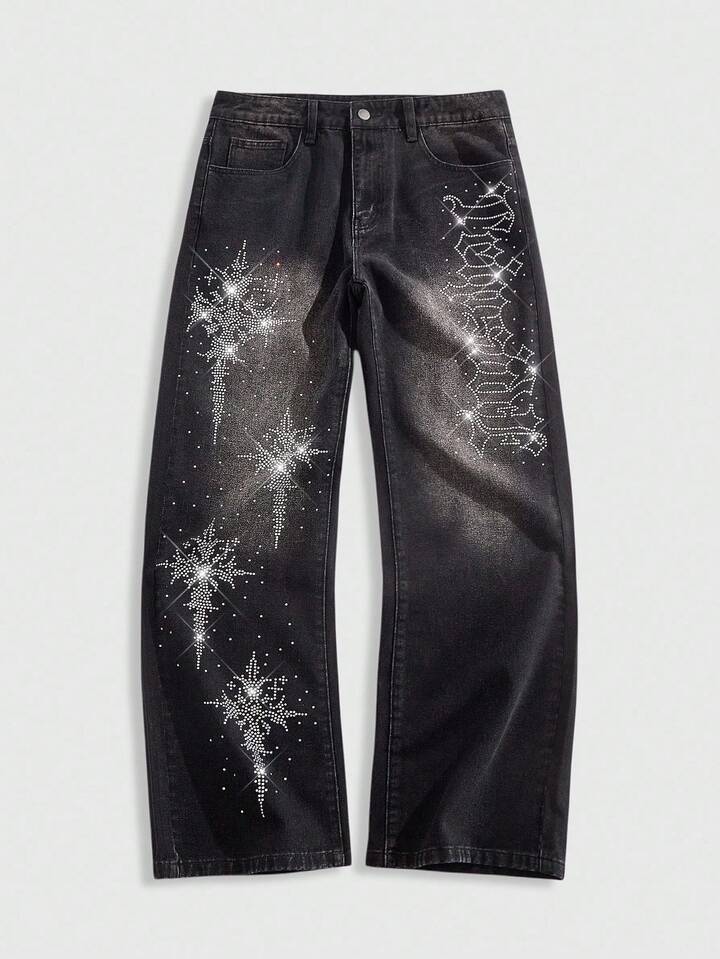 Street Life Men's Rhinestone Cross Embellished Denim Jeans, Suitable For Everyday Wear, Spring/Summer