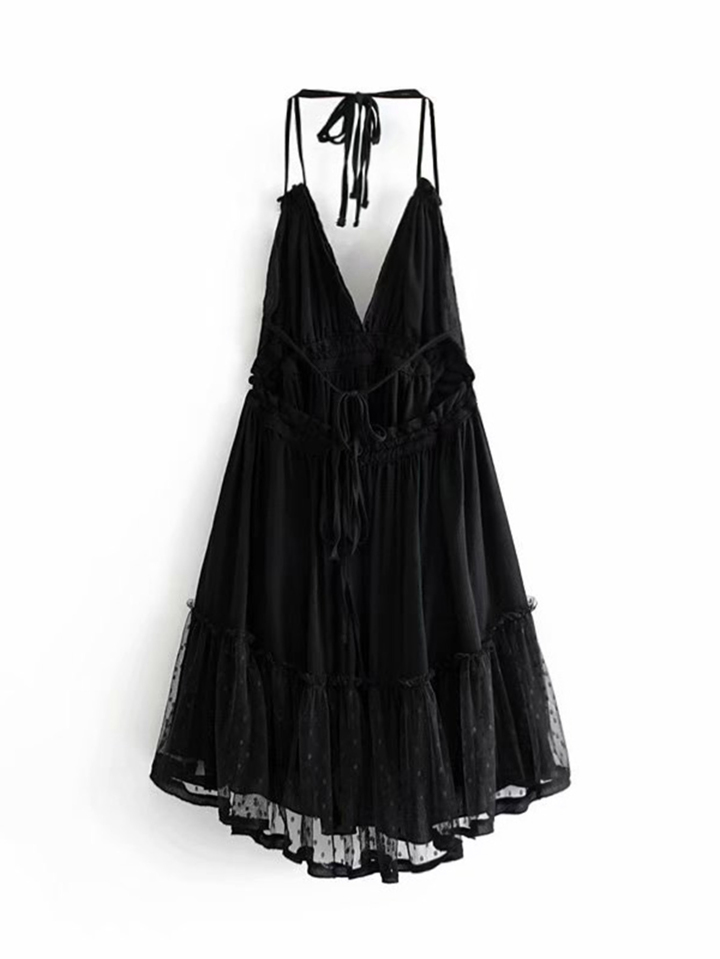 Dobby Mesh Self-Tie Ruffled Halter Dress